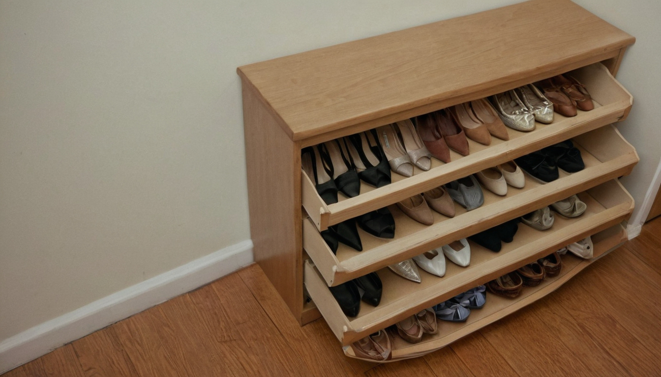 Which shoe storage layout fits the most pairs without narrowing the walkway editorial visual